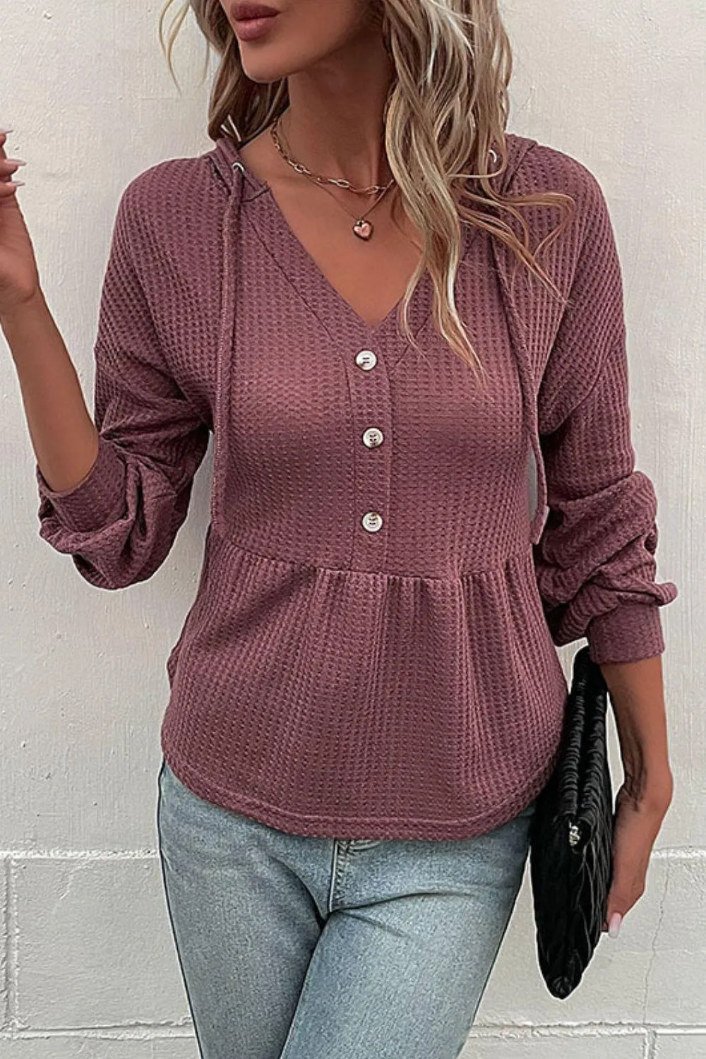Cozy Chic Buttoned Waffle Knit Sweater Hoodie