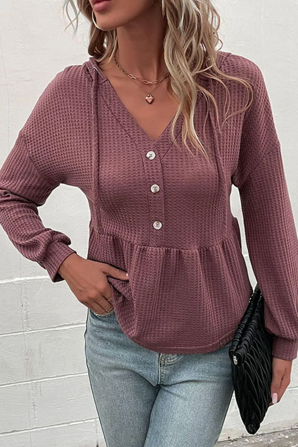 Cozy Chic Buttoned Waffle Knit Sweater Hoodie