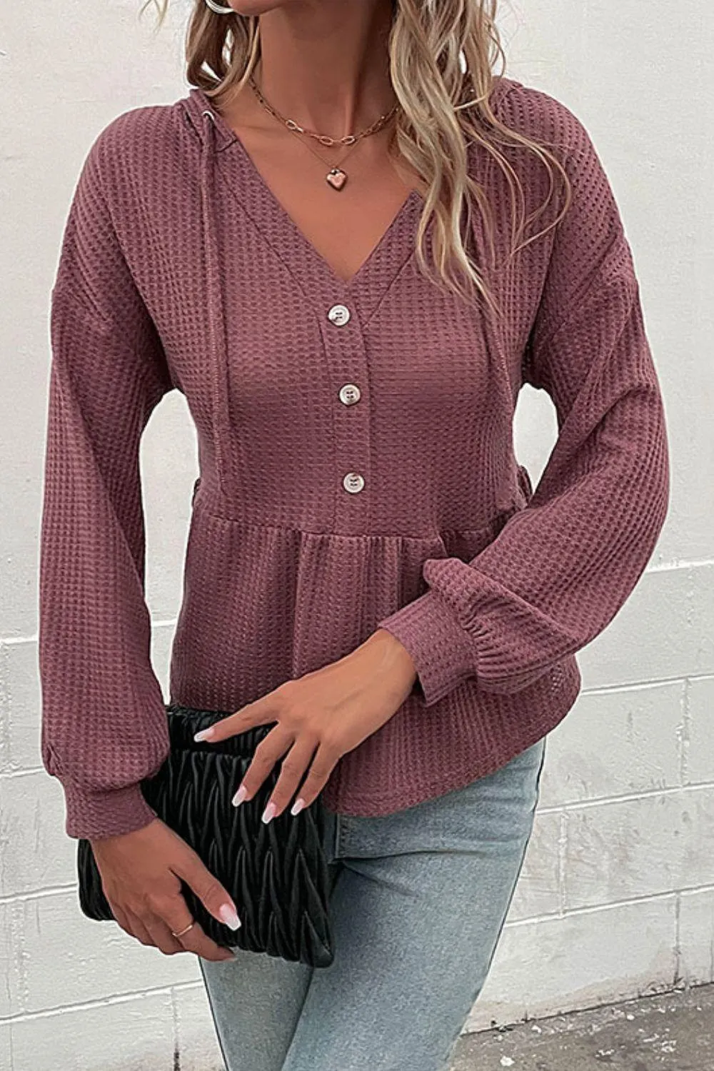 Cozy Chic Buttoned Waffle Knit Sweater Hoodie