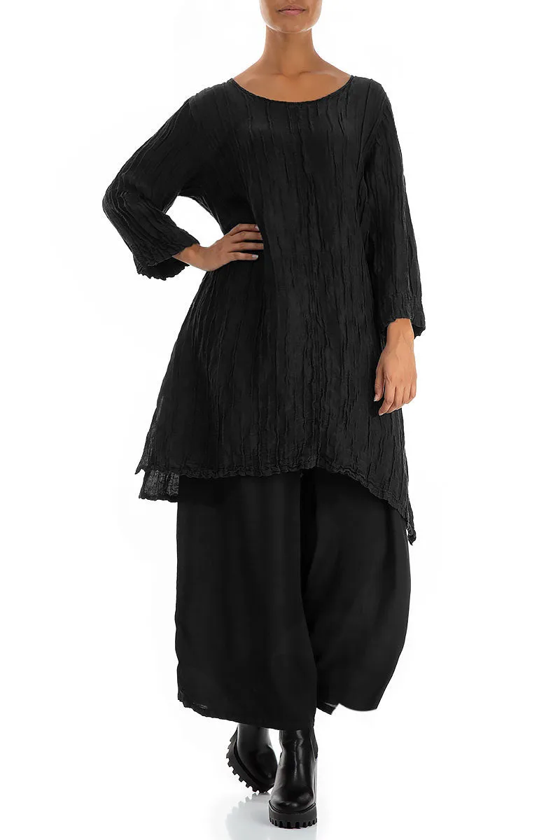 Detachable Collar Crinkled Black Silk Linen Tunic