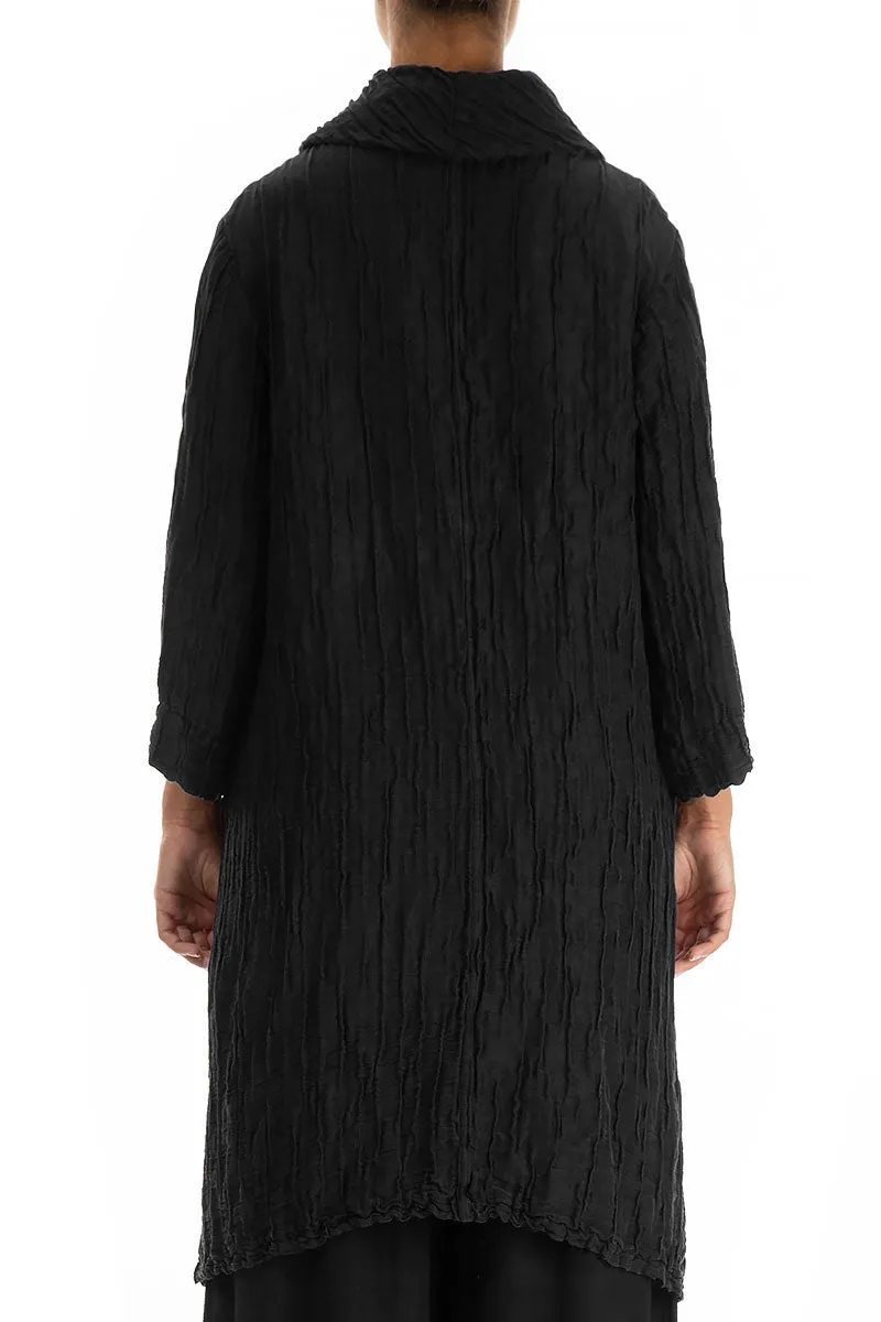 Detachable Collar Crinkled Black Silk Linen Tunic