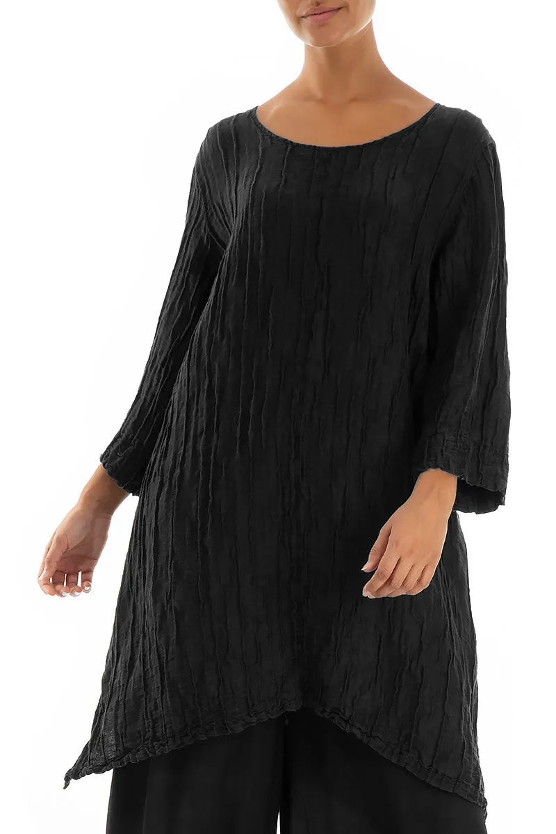 Detachable Collar Crinkled Black Silk Linen Tunic