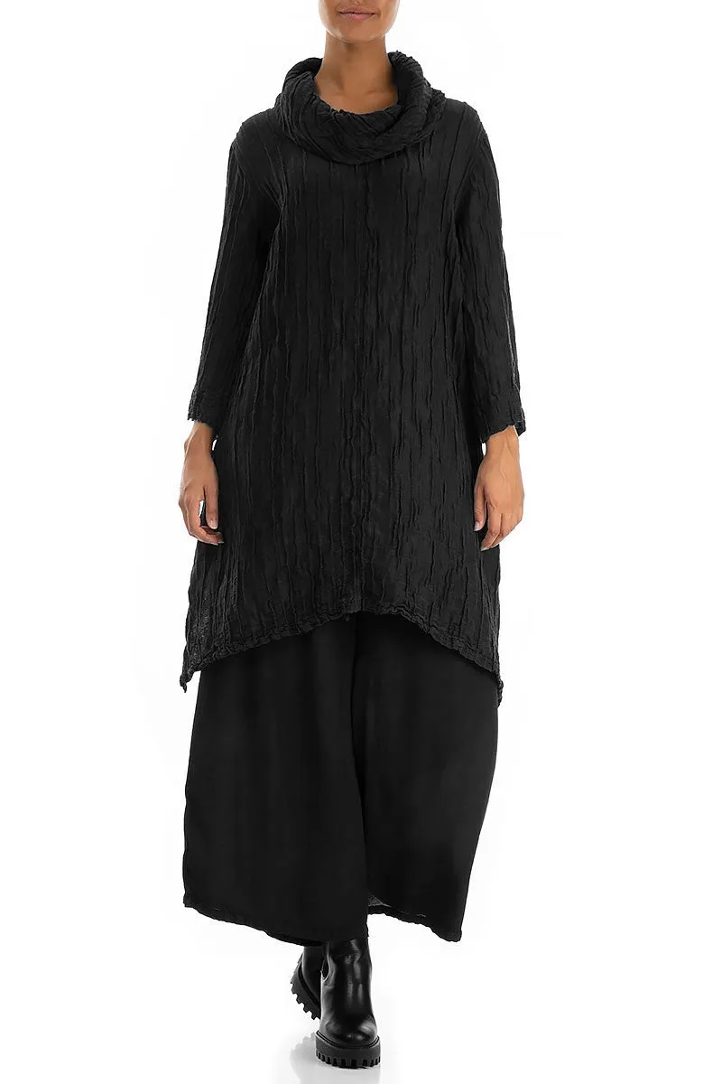 Detachable Collar Crinkled Black Silk Linen Tunic