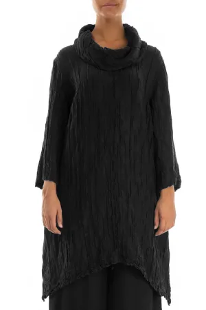 Detachable Collar Crinkled Black Silk Linen Tunic
