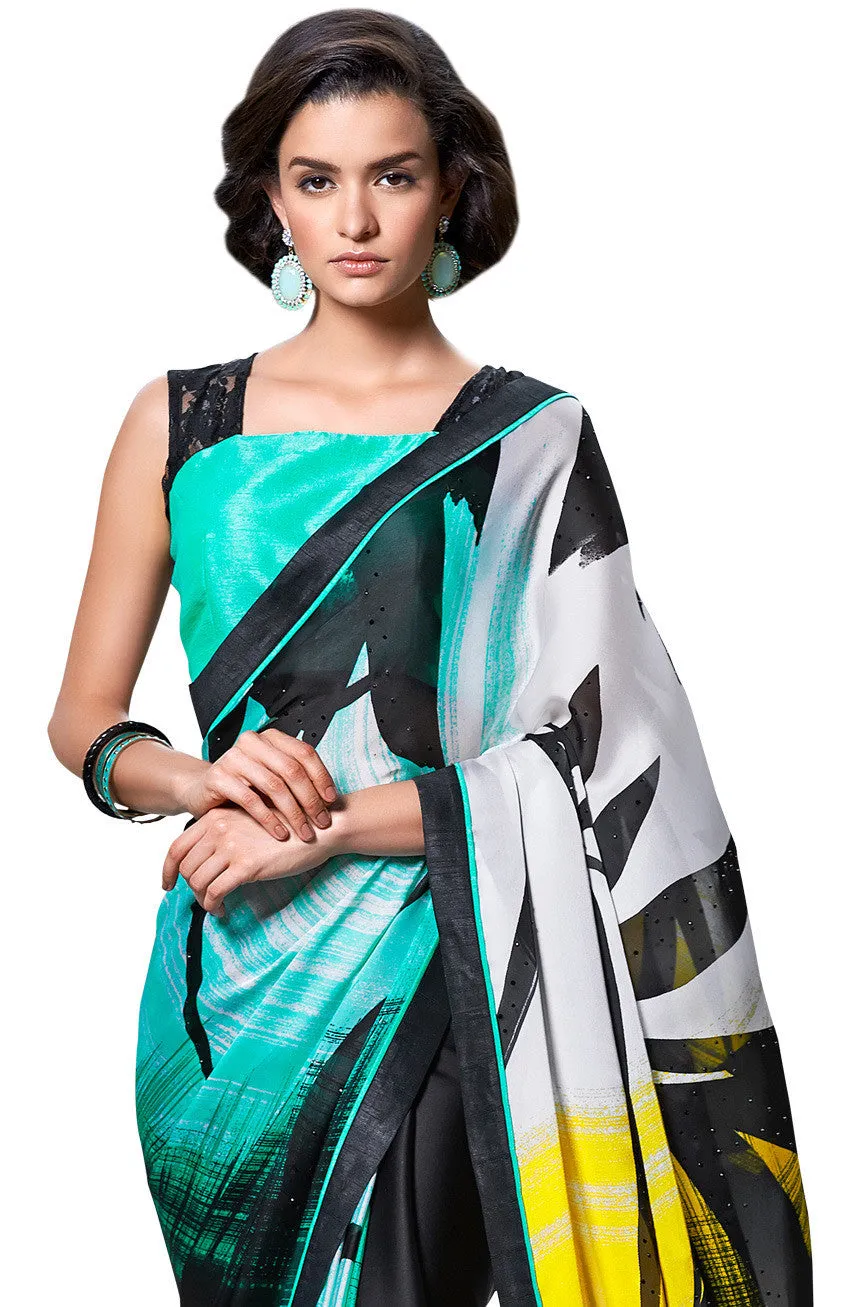 Digital Print Crepe Silk Black & Yellow Shaded Saree Sari D-305
