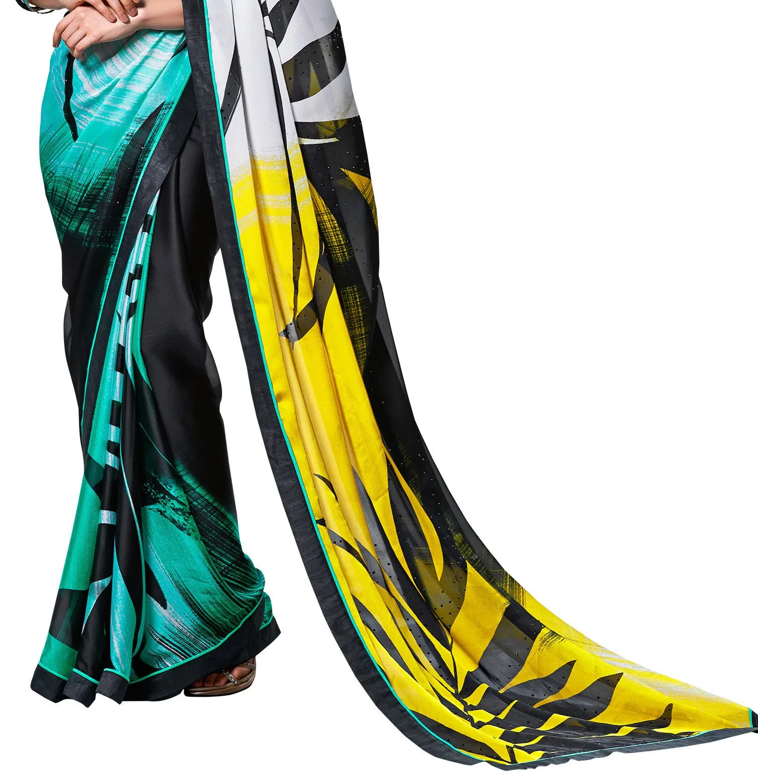 Digital Print Crepe Silk Black & Yellow Shaded Saree Sari D-305