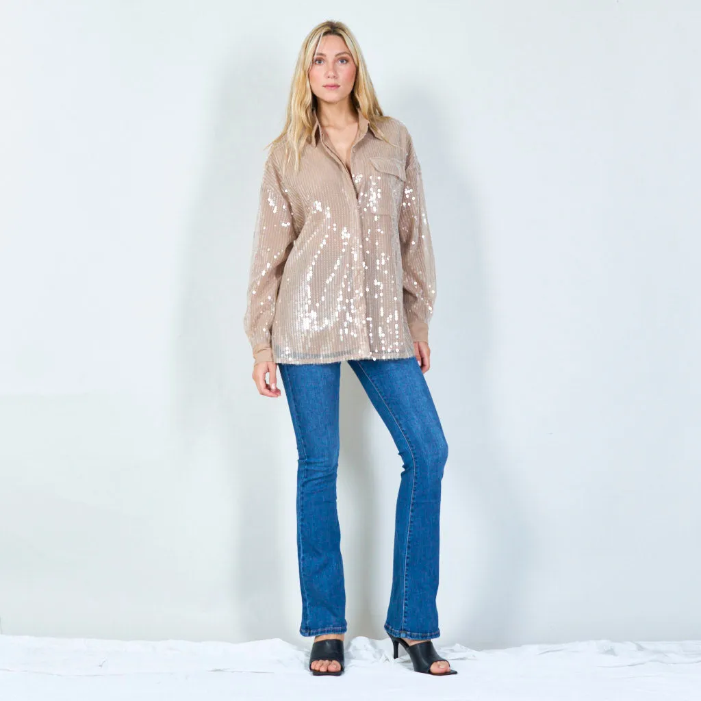 Elegant oversized shirt with solid pailettes details wholesale