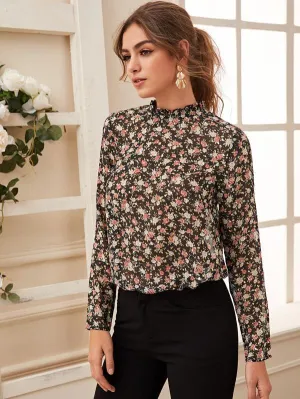 Floral Print Frill Trim Sheer Blouse