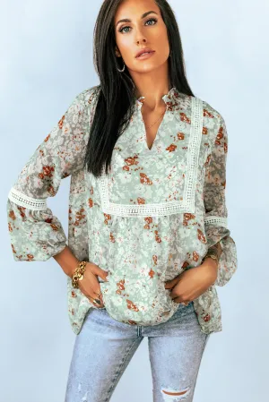Floral Print Lace Crochet Trim Blouse