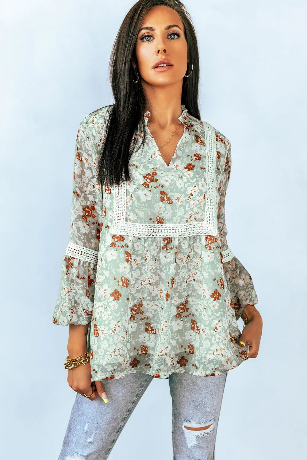 Floral Print Lace Crochet Trim Blouse