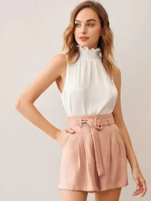 Frill Trim Shirred Neck Tie Back Top