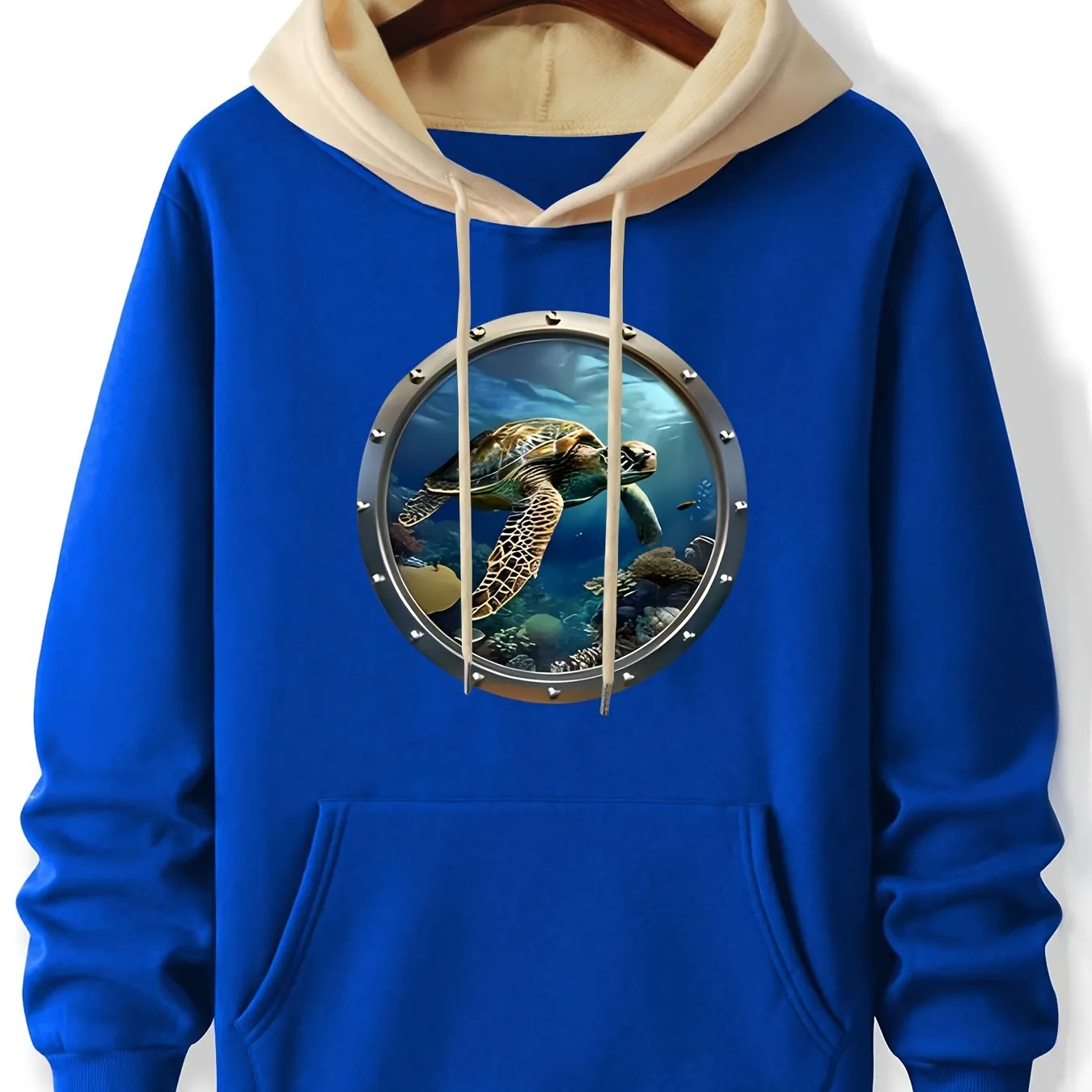 Graphic Deep Sea Turtle Hoodie, Cozy Polyester Long Sleeve Pullover with Pockets