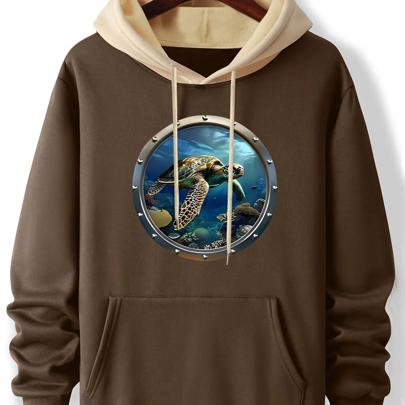 Graphic Deep Sea Turtle Hoodie, Cozy Polyester Long Sleeve Pullover with Pockets