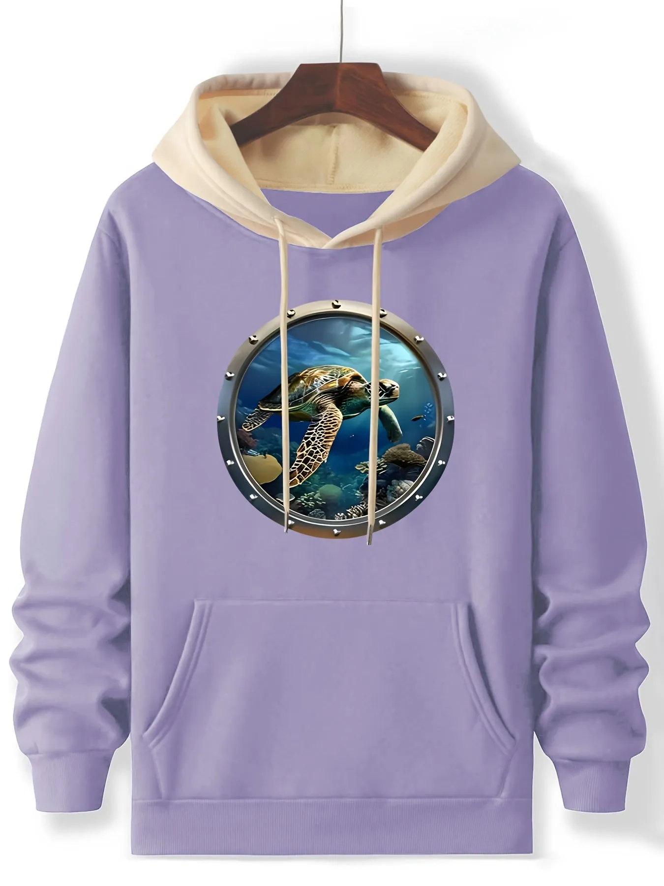 Graphic Deep Sea Turtle Hoodie, Cozy Polyester Long Sleeve Pullover with Pockets