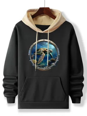 Graphic Deep Sea Turtle Hoodie, Cozy Polyester Long Sleeve Pullover with Pockets
