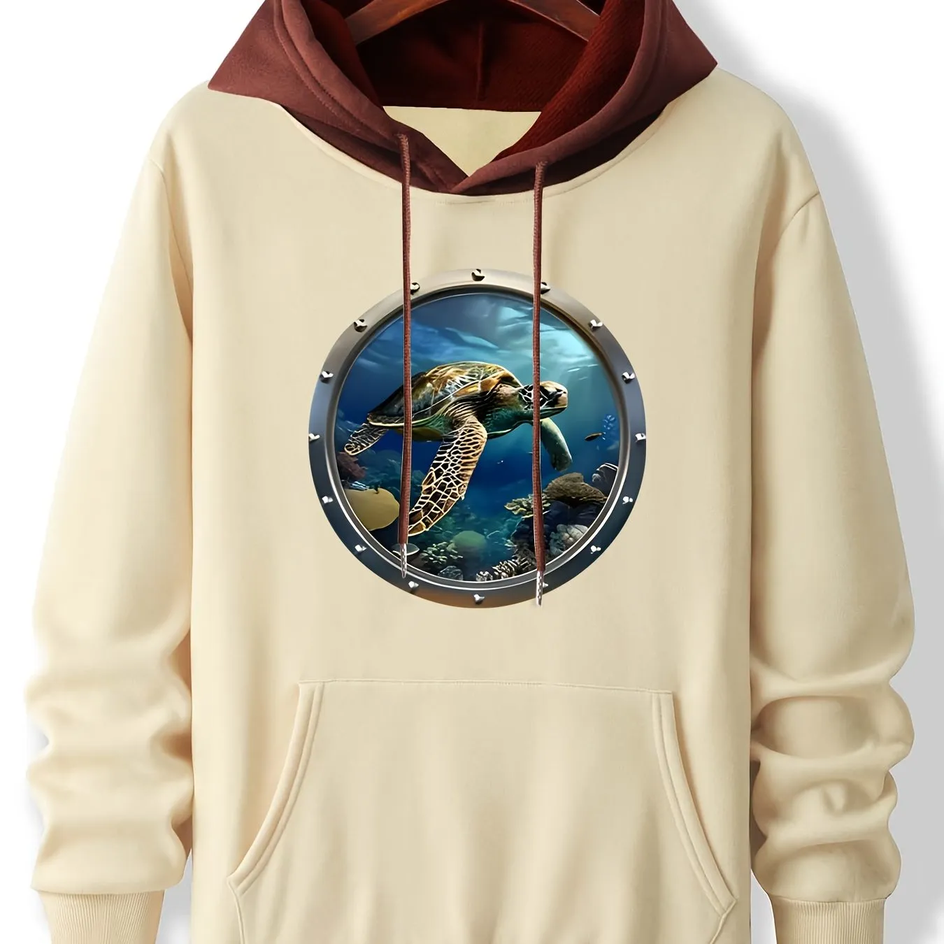 Graphic Deep Sea Turtle Hoodie, Cozy Polyester Long Sleeve Pullover with Pockets