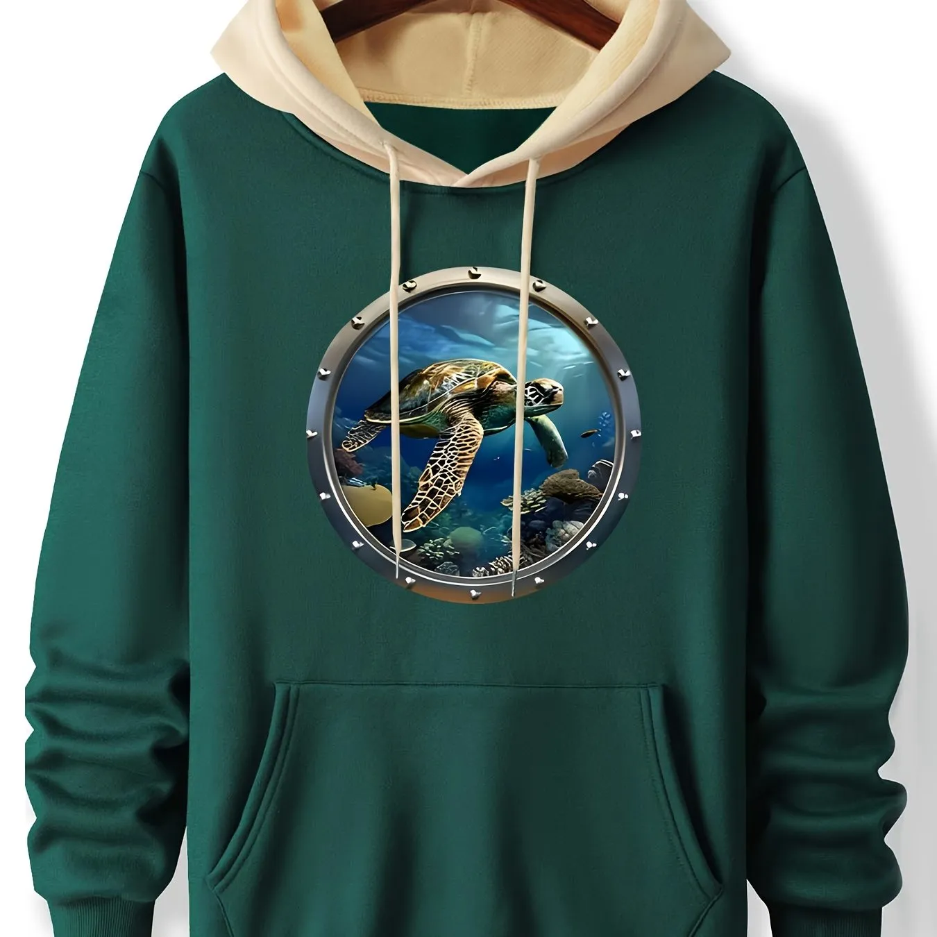 Graphic Deep Sea Turtle Hoodie, Cozy Polyester Long Sleeve Pullover with Pockets