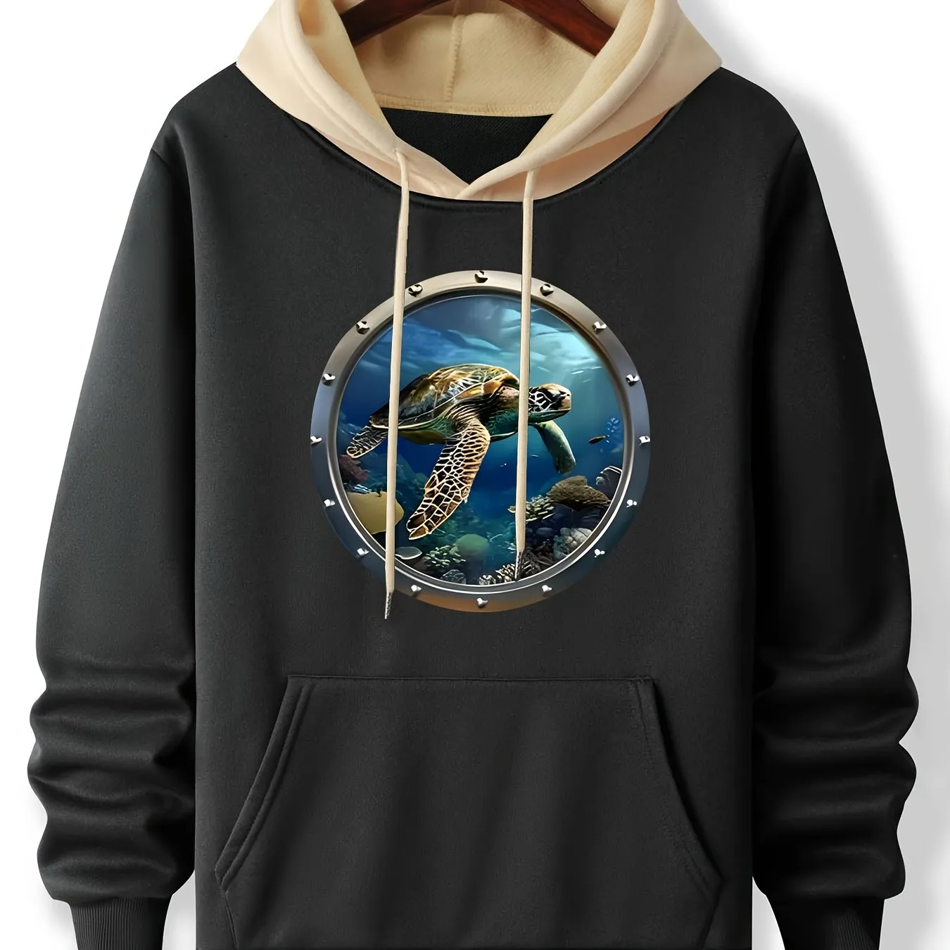 Graphic Deep Sea Turtle Hoodie, Cozy Polyester Long Sleeve Pullover with Pockets