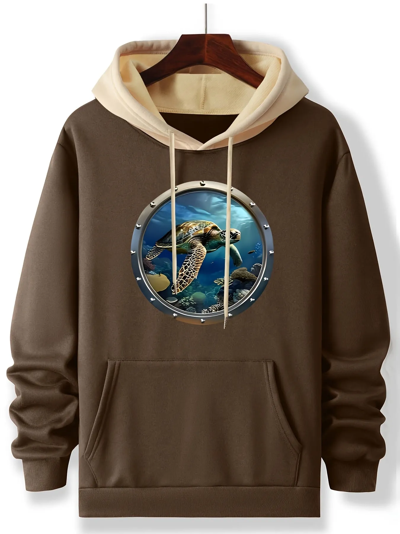 Graphic Deep Sea Turtle Hoodie, Cozy Polyester Long Sleeve Pullover with Pockets