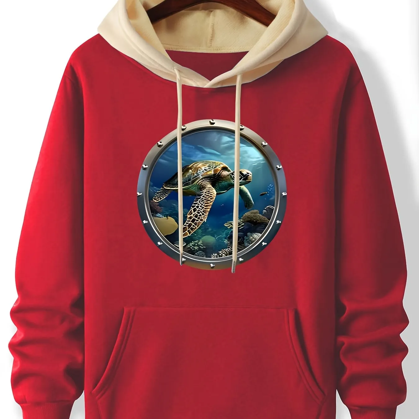 Graphic Deep Sea Turtle Hoodie, Cozy Polyester Long Sleeve Pullover with Pockets
