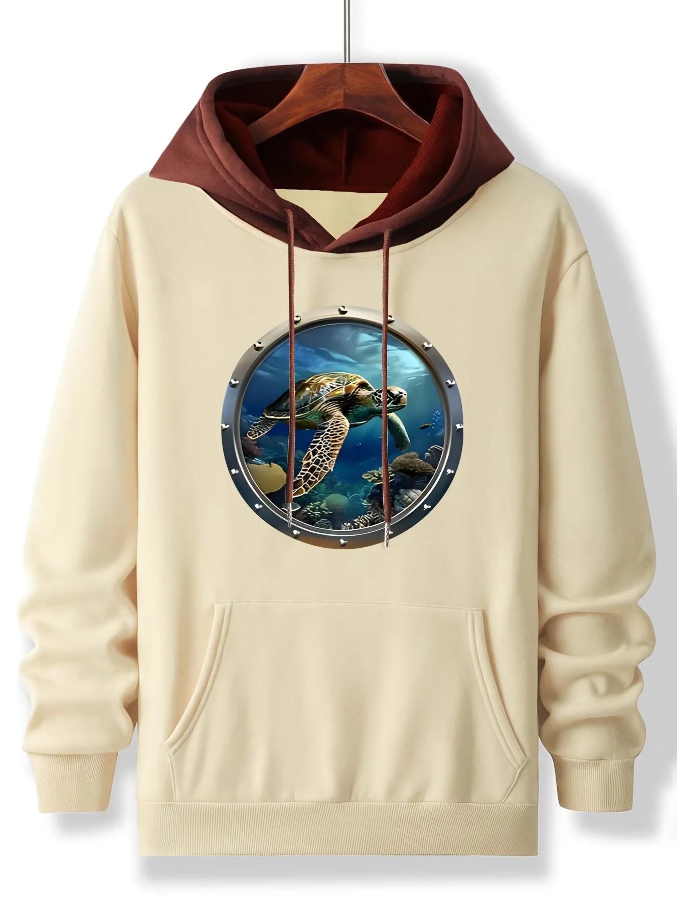 Graphic Deep Sea Turtle Hoodie, Cozy Polyester Long Sleeve Pullover with Pockets