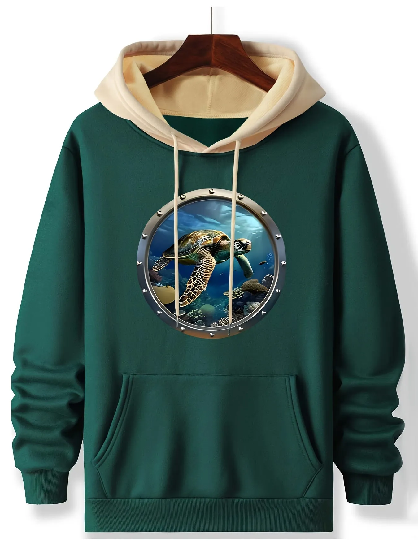 Graphic Deep Sea Turtle Hoodie, Cozy Polyester Long Sleeve Pullover with Pockets