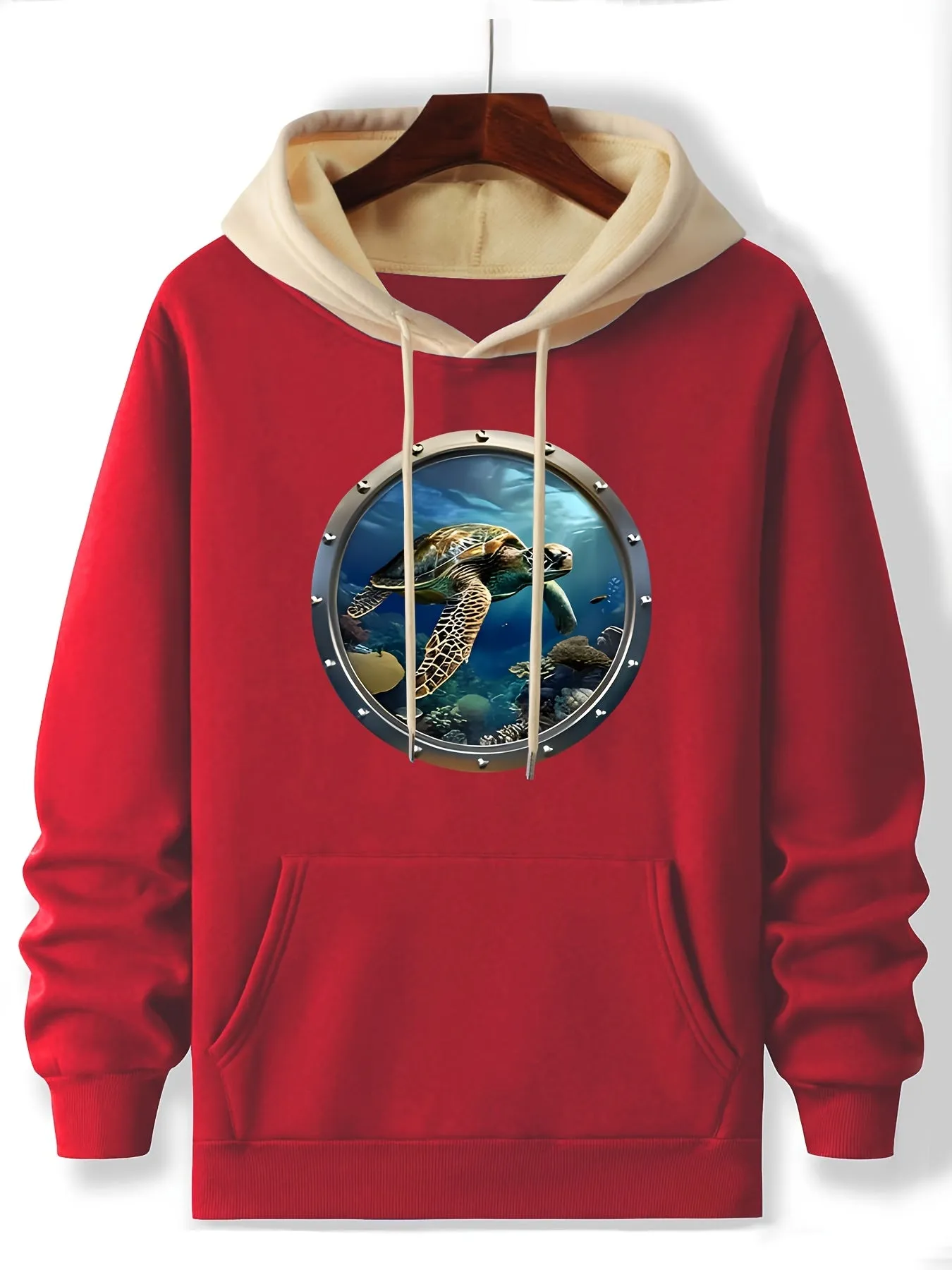 Graphic Deep Sea Turtle Hoodie, Cozy Polyester Long Sleeve Pullover with Pockets