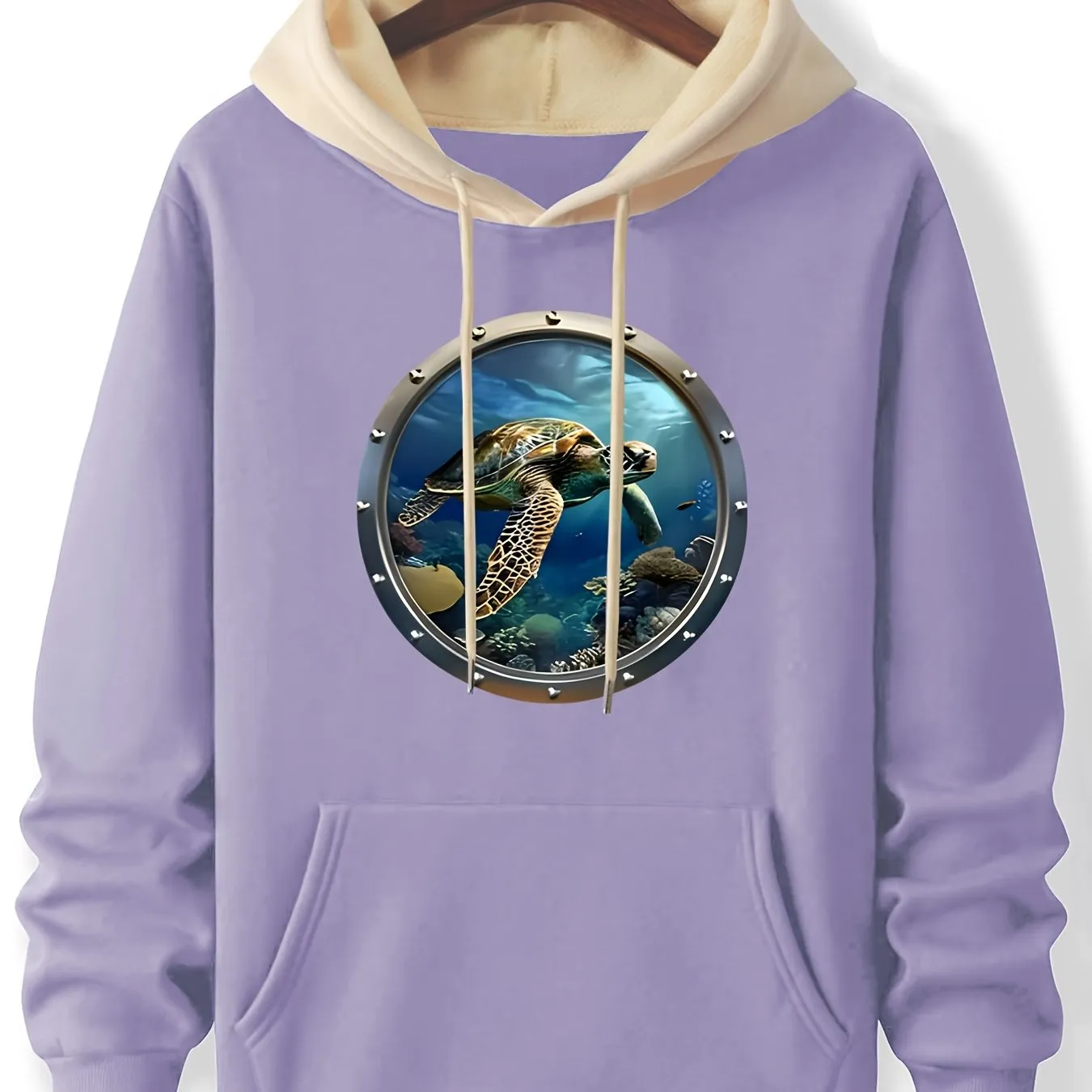 Graphic Deep Sea Turtle Hoodie, Cozy Polyester Long Sleeve Pullover with Pockets
