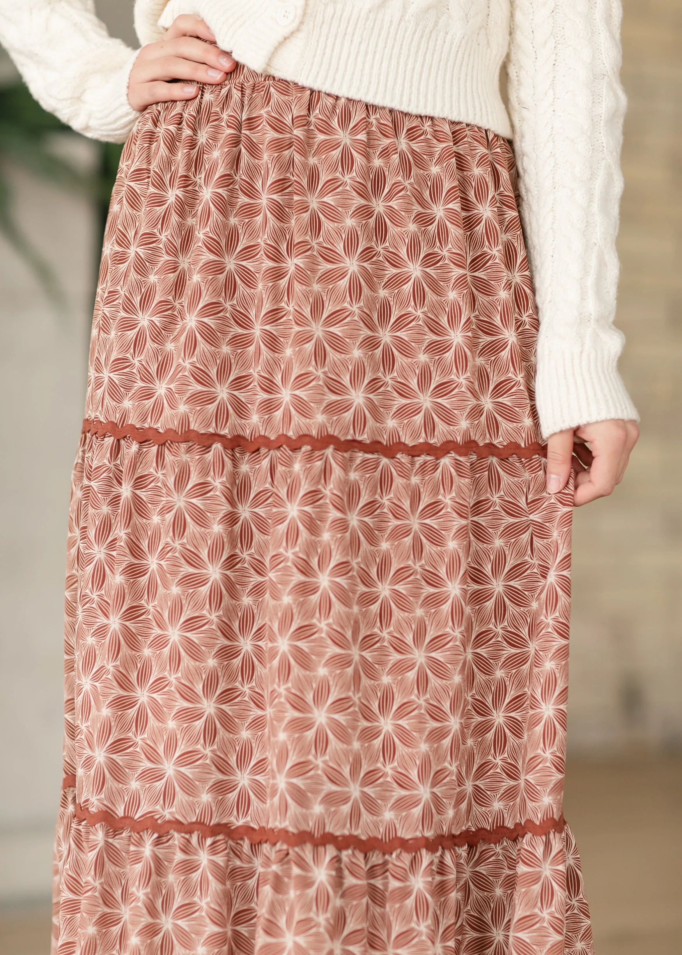 Gwen Geo Floral Ricrac Tiered Maxi Skirt