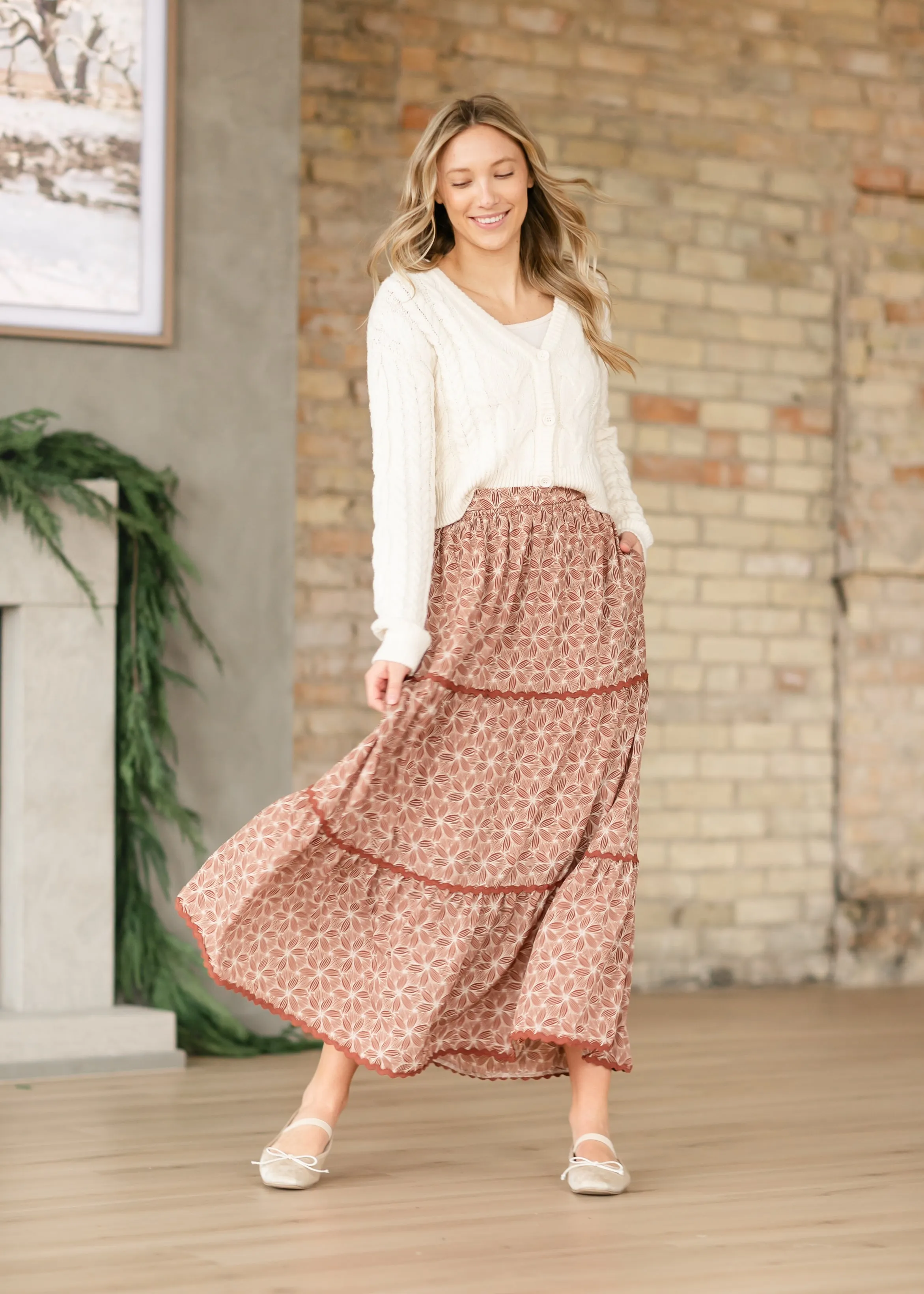Gwen Geo Floral Ricrac Tiered Maxi Skirt