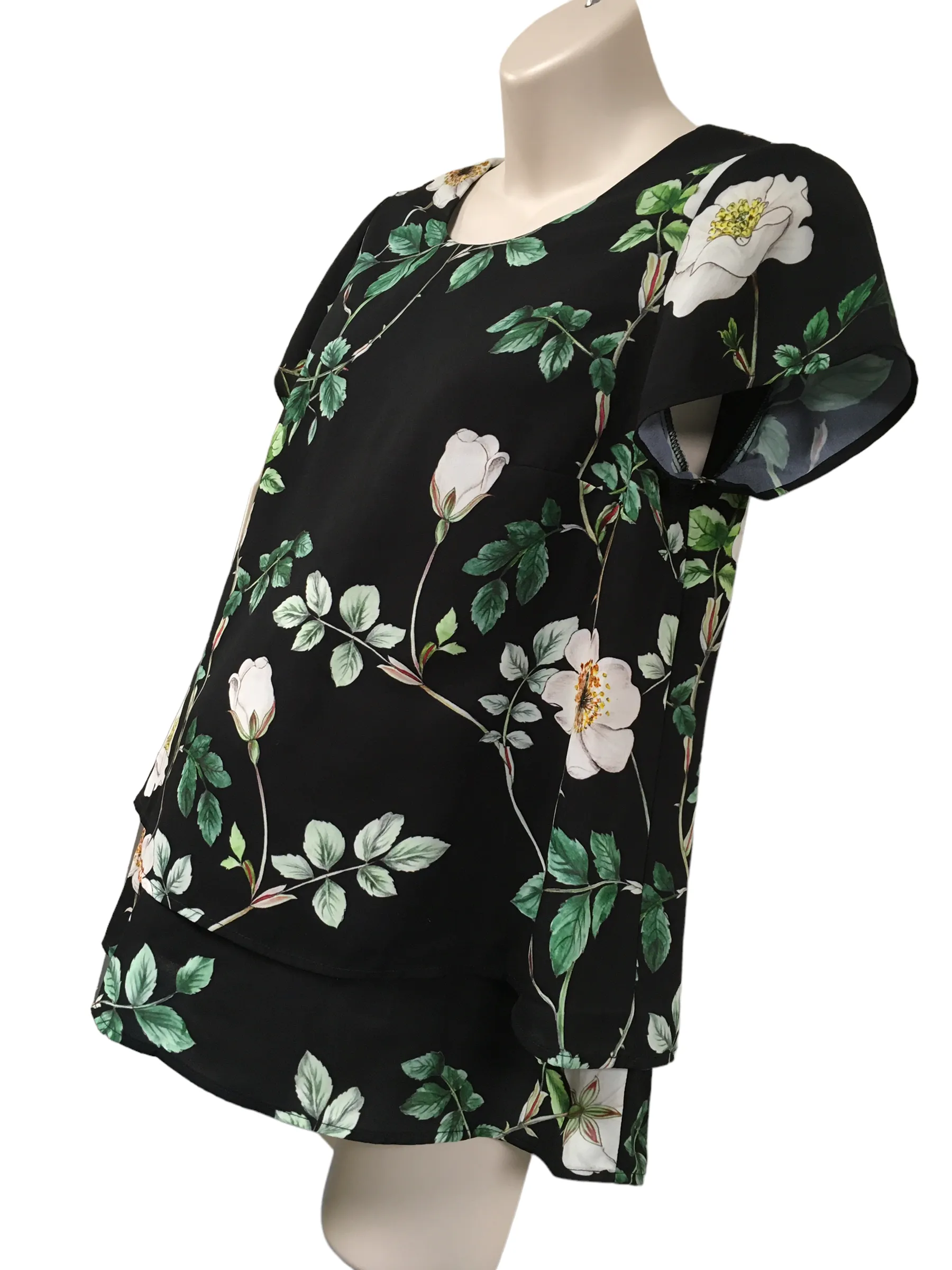 H&M Mama Black & White Rose Print S/S Blouse Top - Size Maternity S UK 8-10