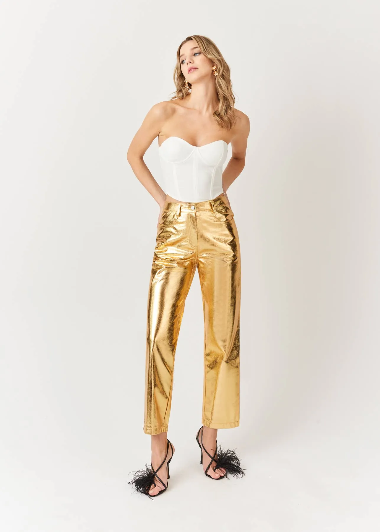 High Waist Faux Leather Metallic Straight Leg Pants