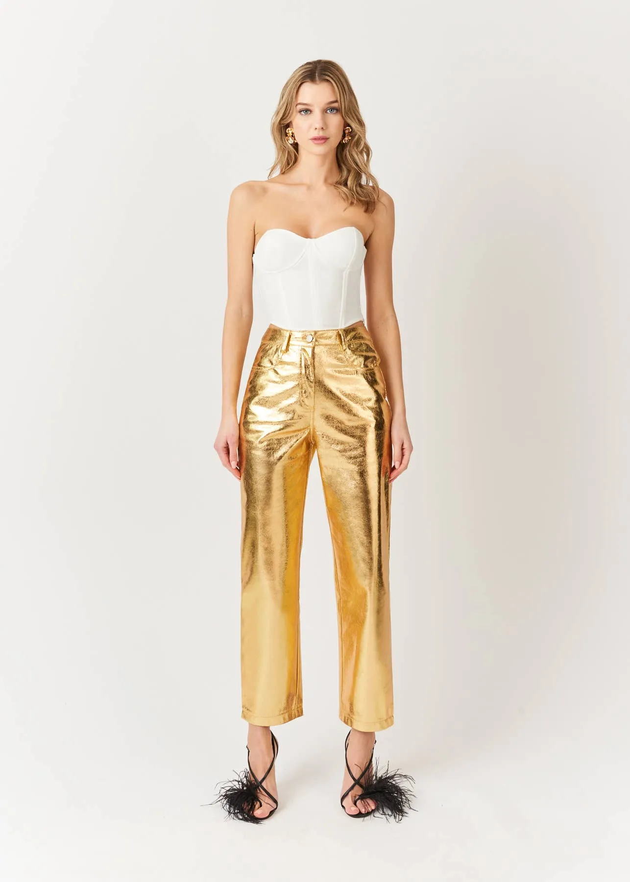 High Waist Faux Leather Metallic Straight Leg Pants