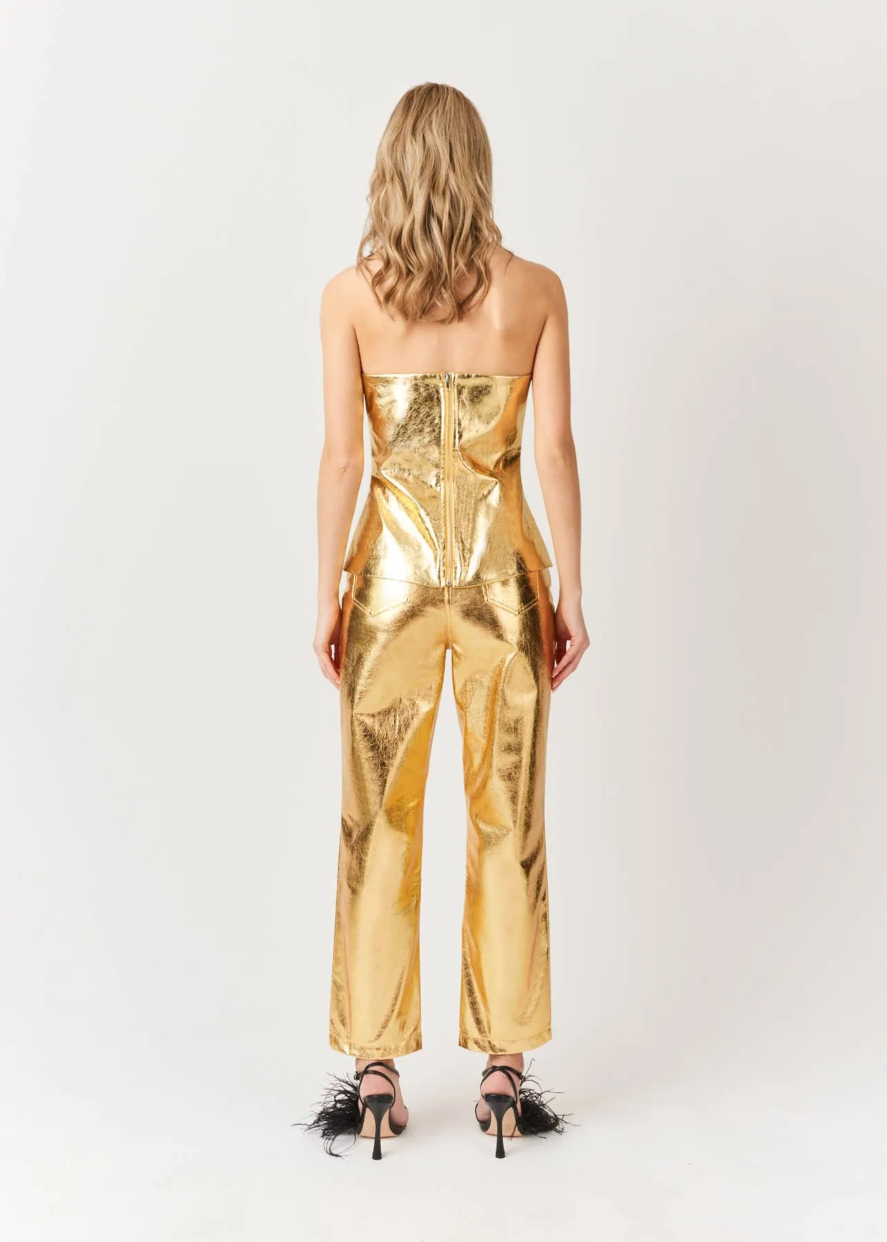 High Waist Faux Leather Metallic Straight Leg Pants