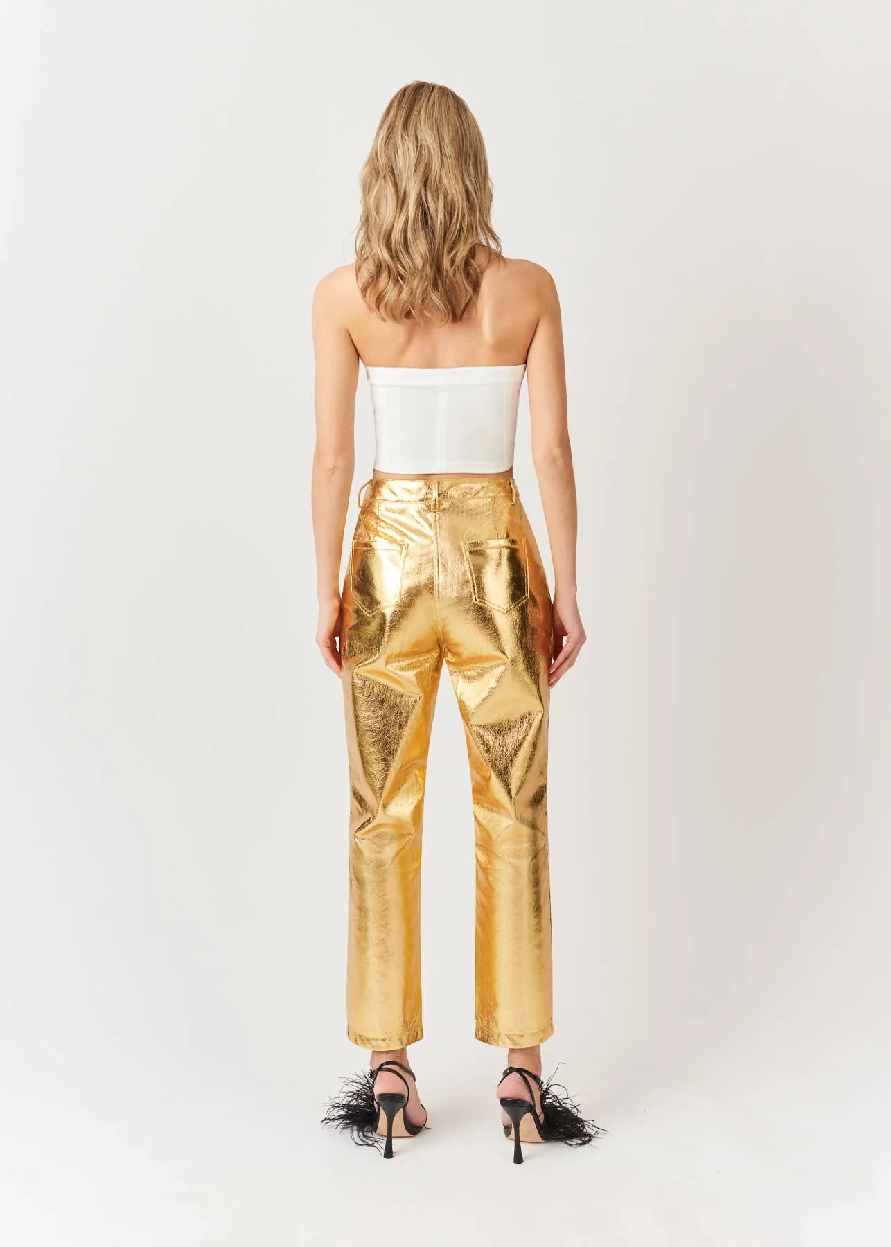 High Waist Faux Leather Metallic Straight Leg Pants