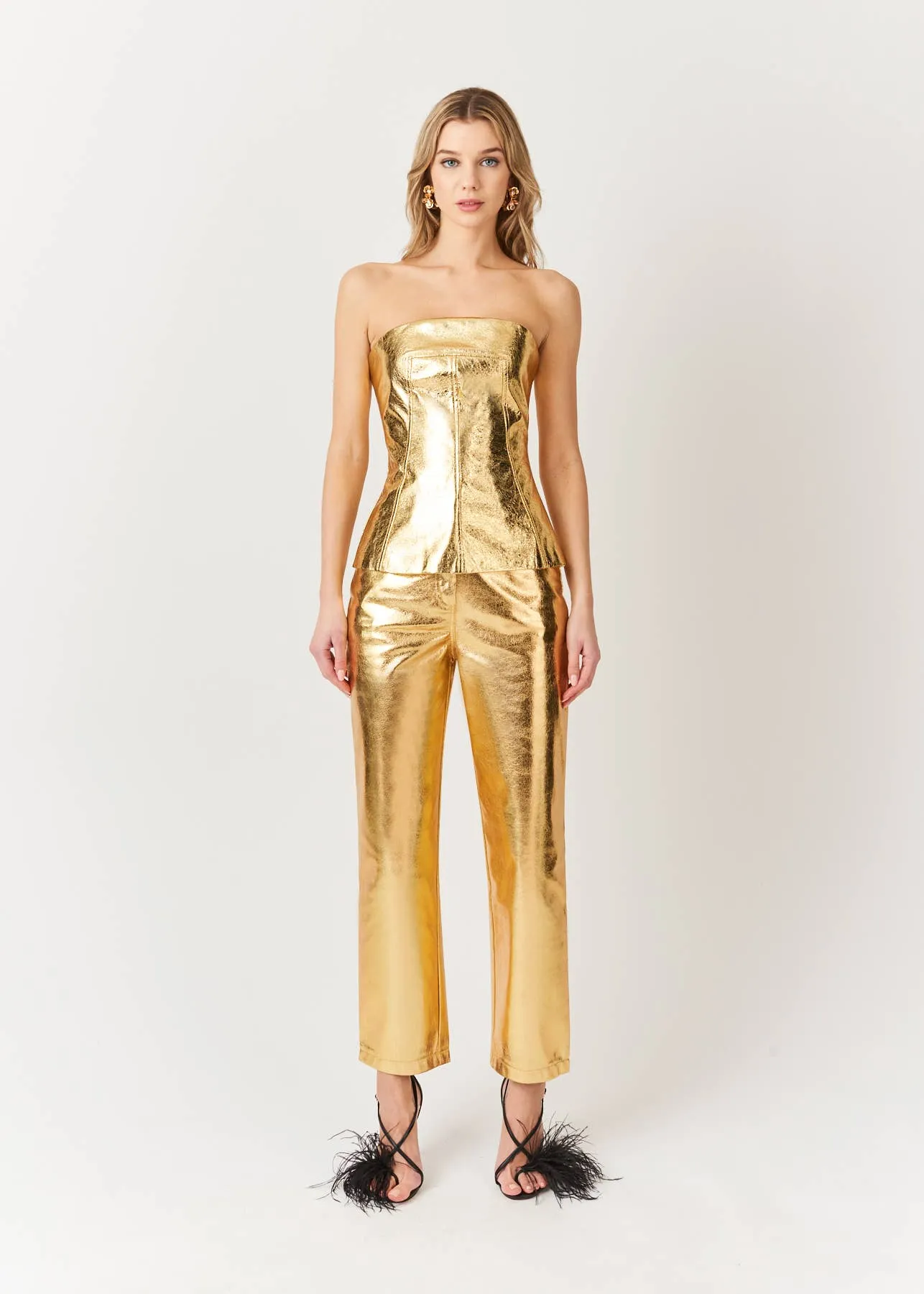 High Waist Faux Leather Metallic Straight Leg Pants