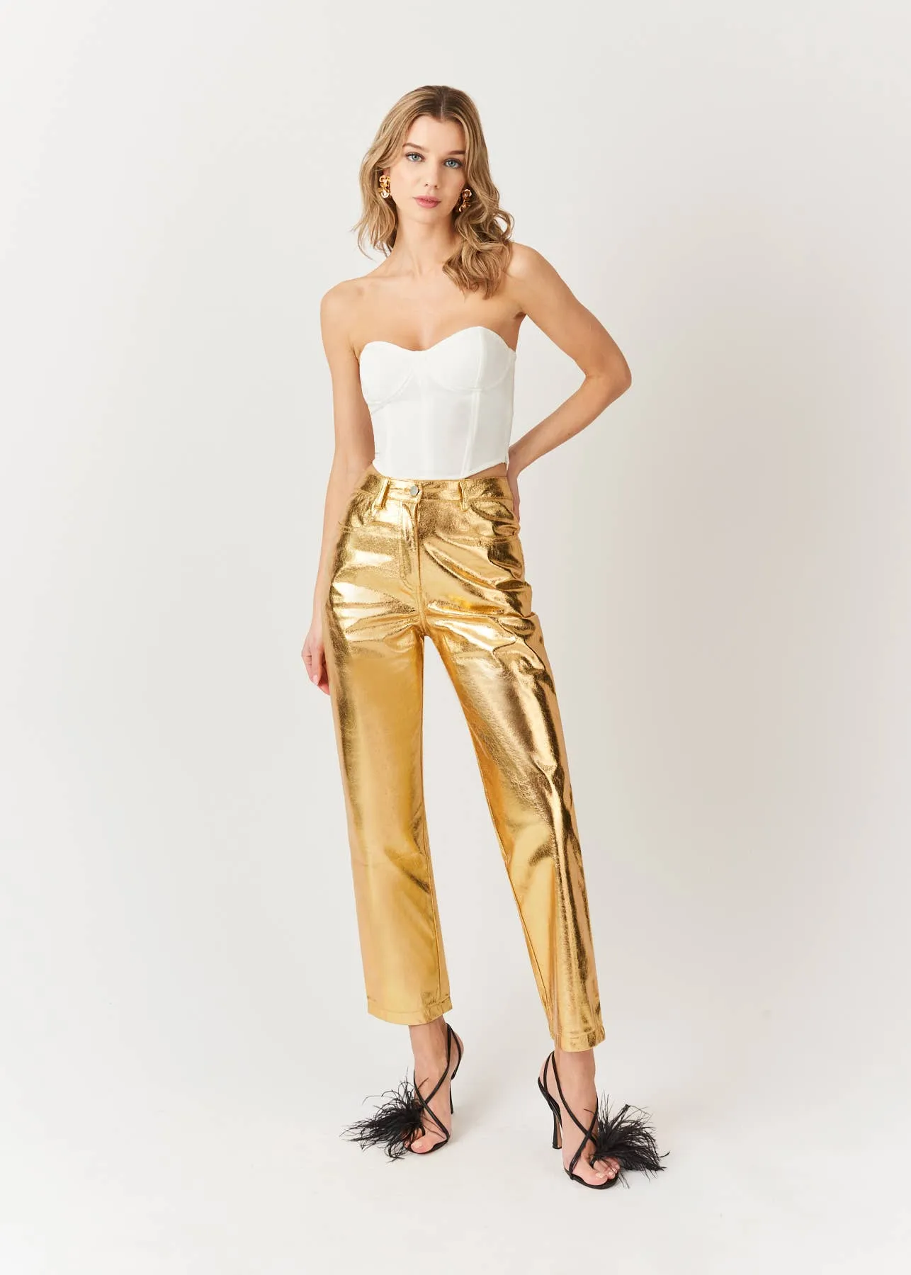 High Waist Faux Leather Metallic Straight Leg Pants