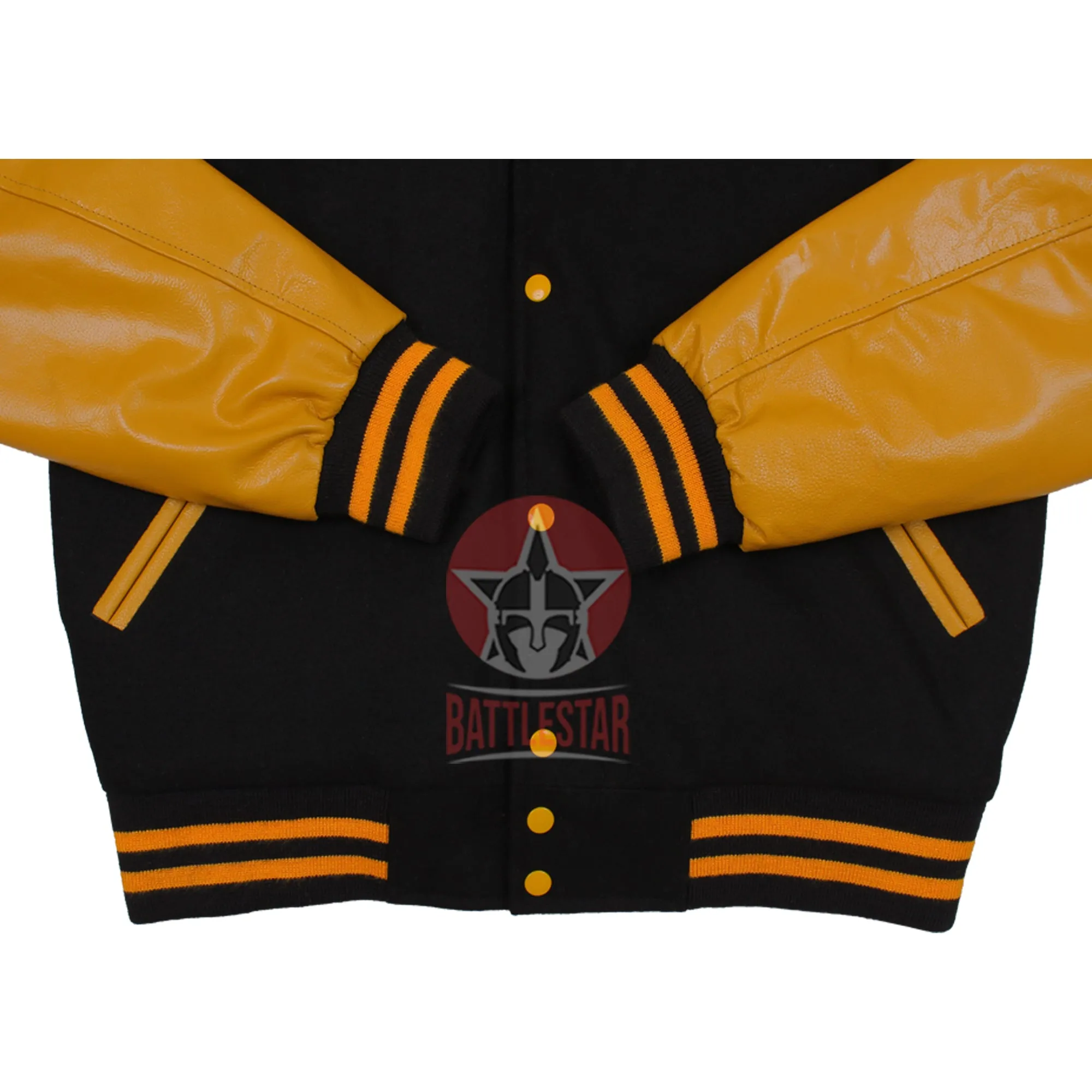 Hooded Black Wool Varsity Jacket Gold Yellow Leather Sleeves