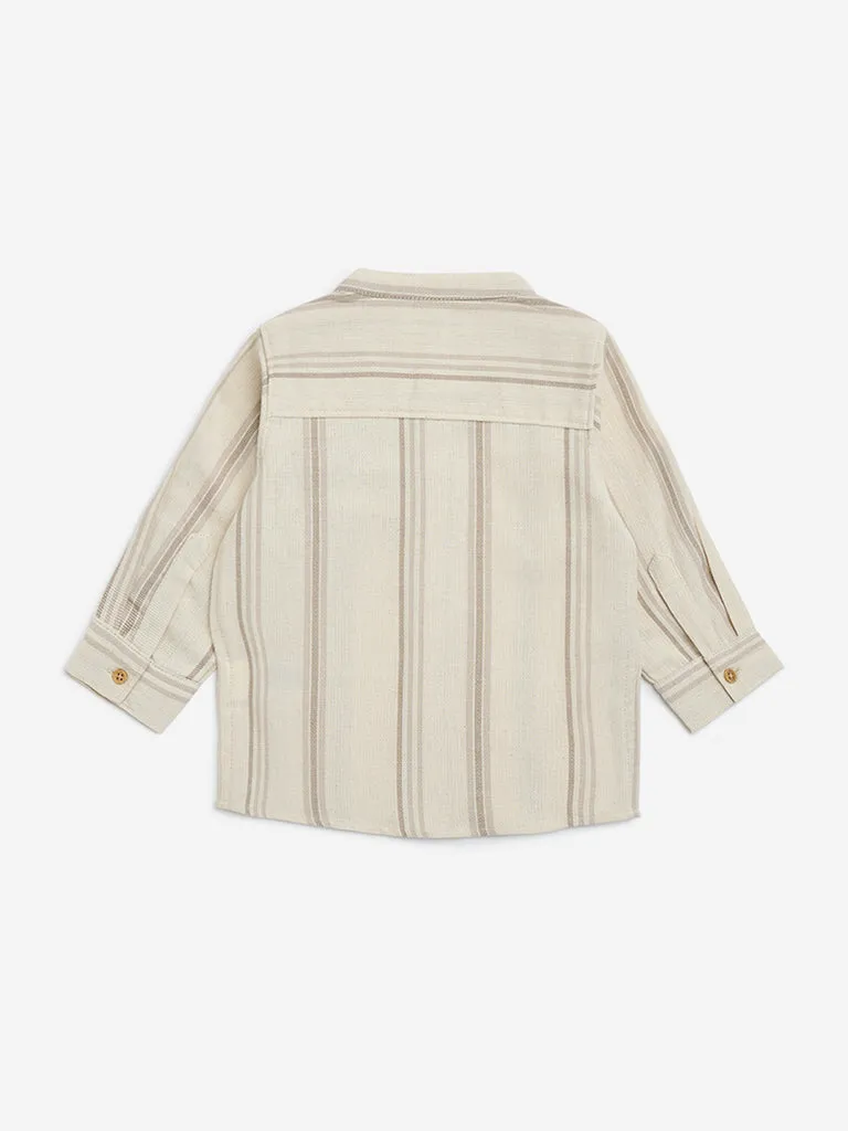 HOP Baby Beige Stripe Printed Cotton Shirt