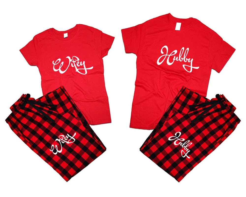 Hubby & Wifey Matching Pajamas Set – Cotton T-Shirts & Flannel Pants | Sold Separately for Men & Women