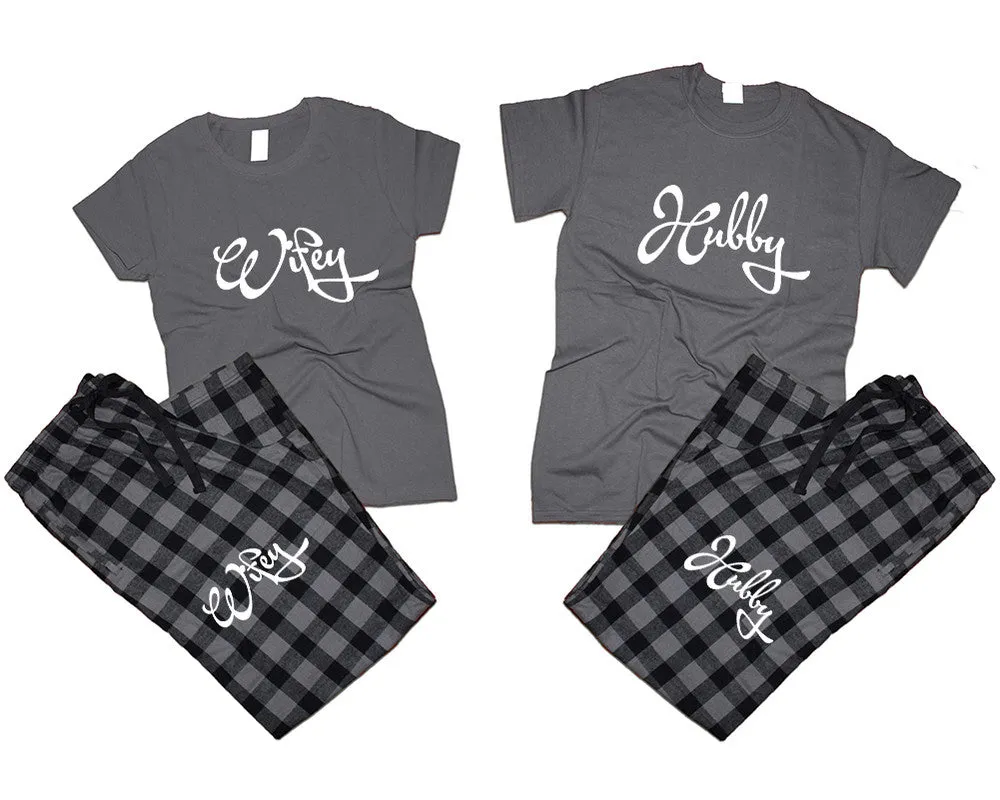 Hubby & Wifey Matching Pajamas Set – Cotton T-Shirts & Flannel Pants | Sold Separately for Men & Women