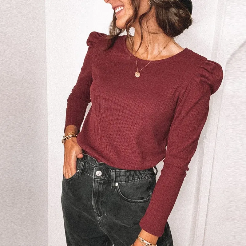Joskaa Fashion Autumn Butterfly Long Sleeve Shirt Blouse Elegant O Neck Slim Rib Pullover Tops Winter Casual Women Ruffle Shirts Blusa