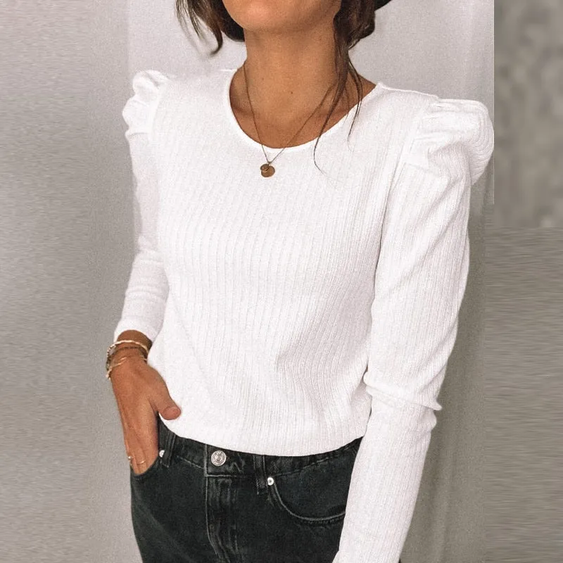Joskaa Fashion Autumn Butterfly Long Sleeve Shirt Blouse Elegant O Neck Slim Rib Pullover Tops Winter Casual Women Ruffle Shirts Blusa
