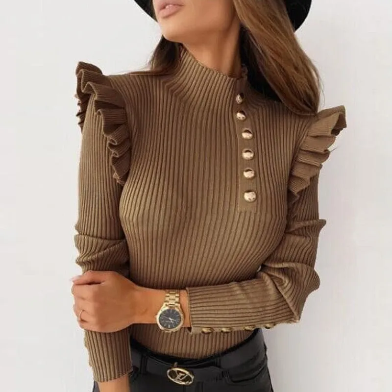 Joskaa Fashion Autumn Butterfly Long Sleeve Shirt Blouse Elegant O Neck Slim Rib Pullover Tops Winter Casual Women Ruffle Shirts Blusa
