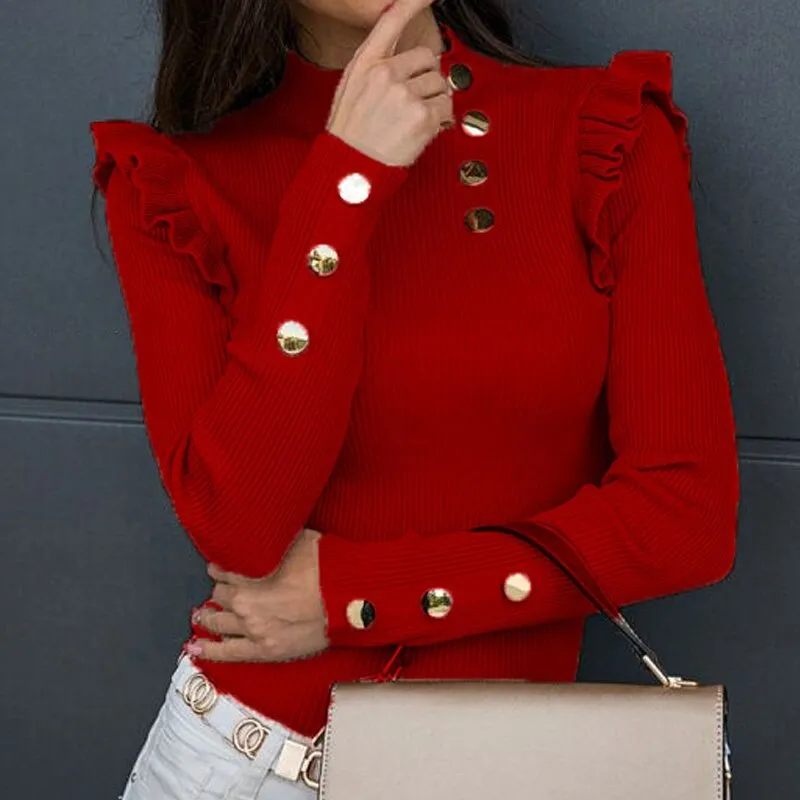 Joskaa Fashion Autumn Butterfly Long Sleeve Shirt Blouse Elegant O Neck Slim Rib Pullover Tops Winter Casual Women Ruffle Shirts Blusa