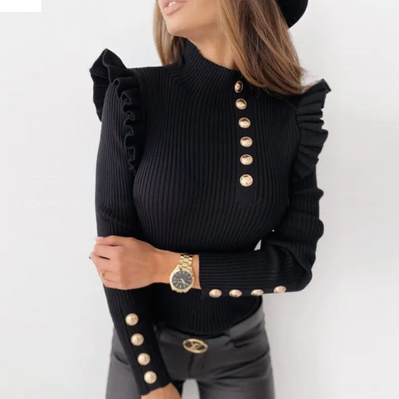 Joskaa Fashion Autumn Butterfly Long Sleeve Shirt Blouse Elegant O Neck Slim Rib Pullover Tops Winter Casual Women Ruffle Shirts Blusa