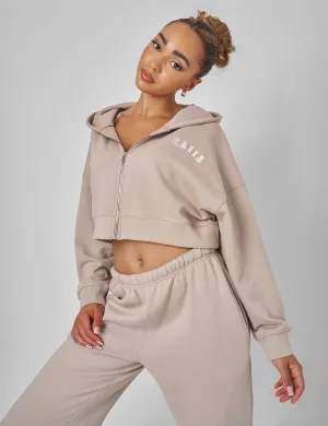 Kaiia Zip Through Cropped Hoodie Stone