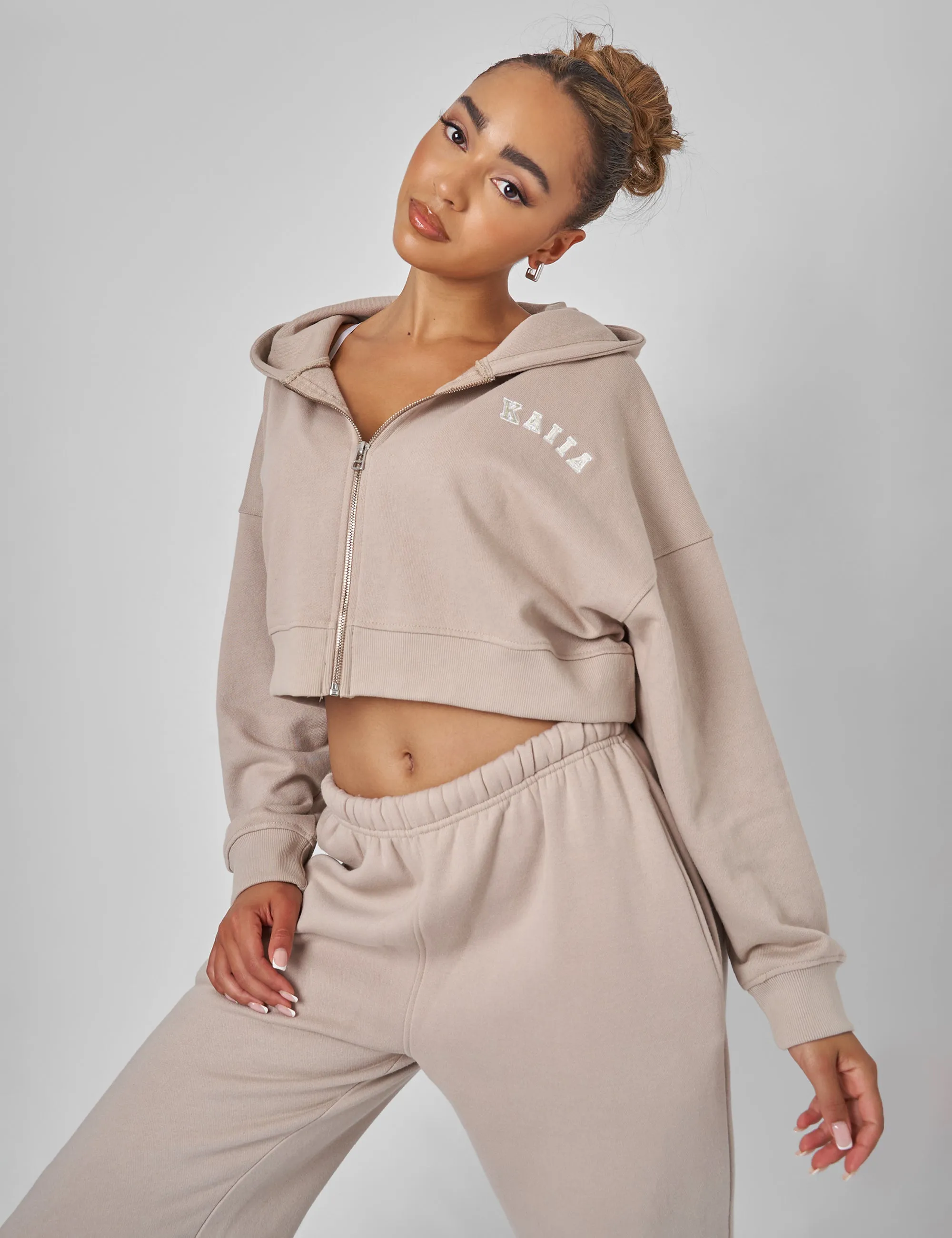 Kaiia Zip Through Cropped Hoodie Stone