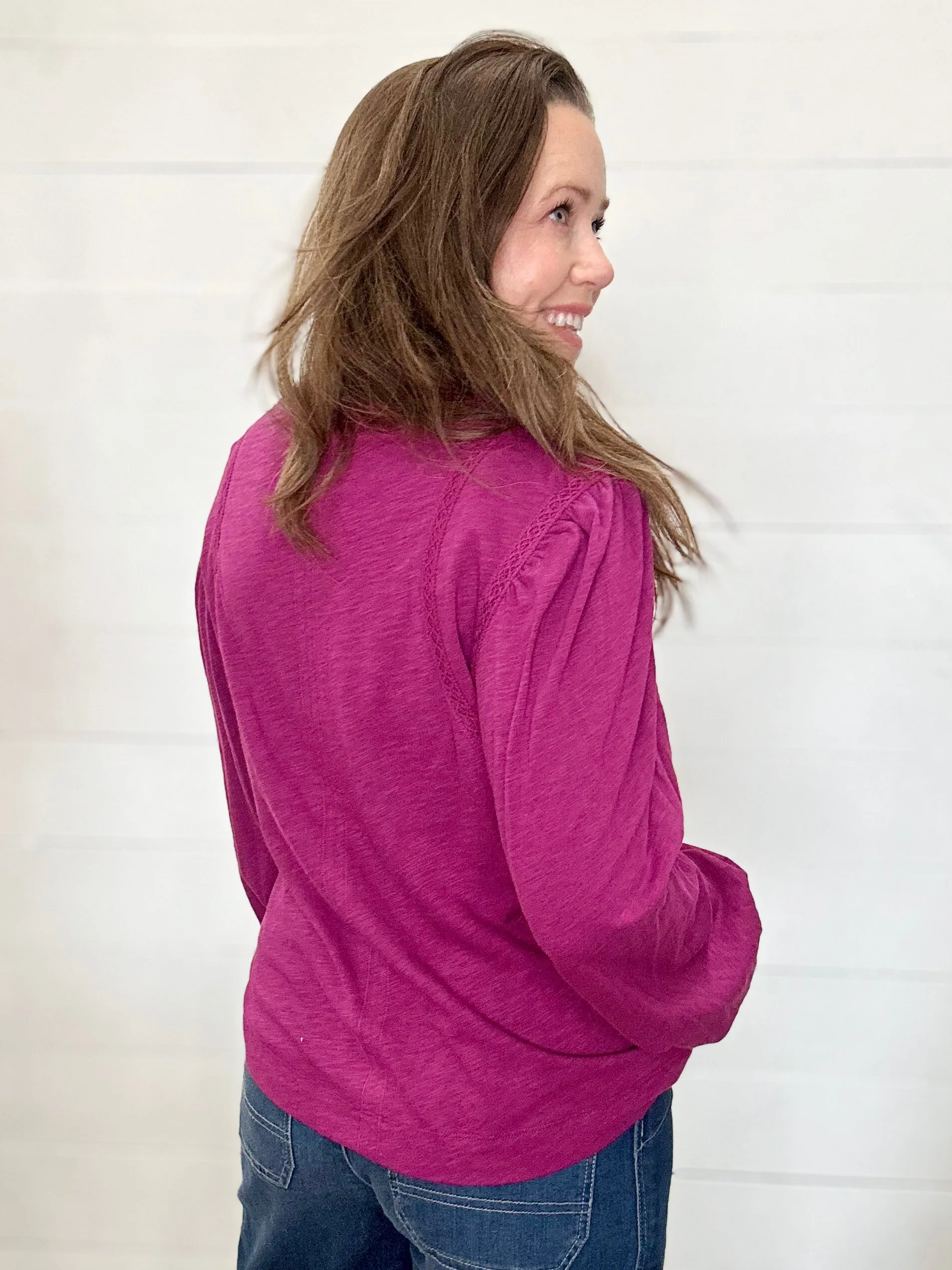 Lace-Detail Long-Sleeve Top in Berry