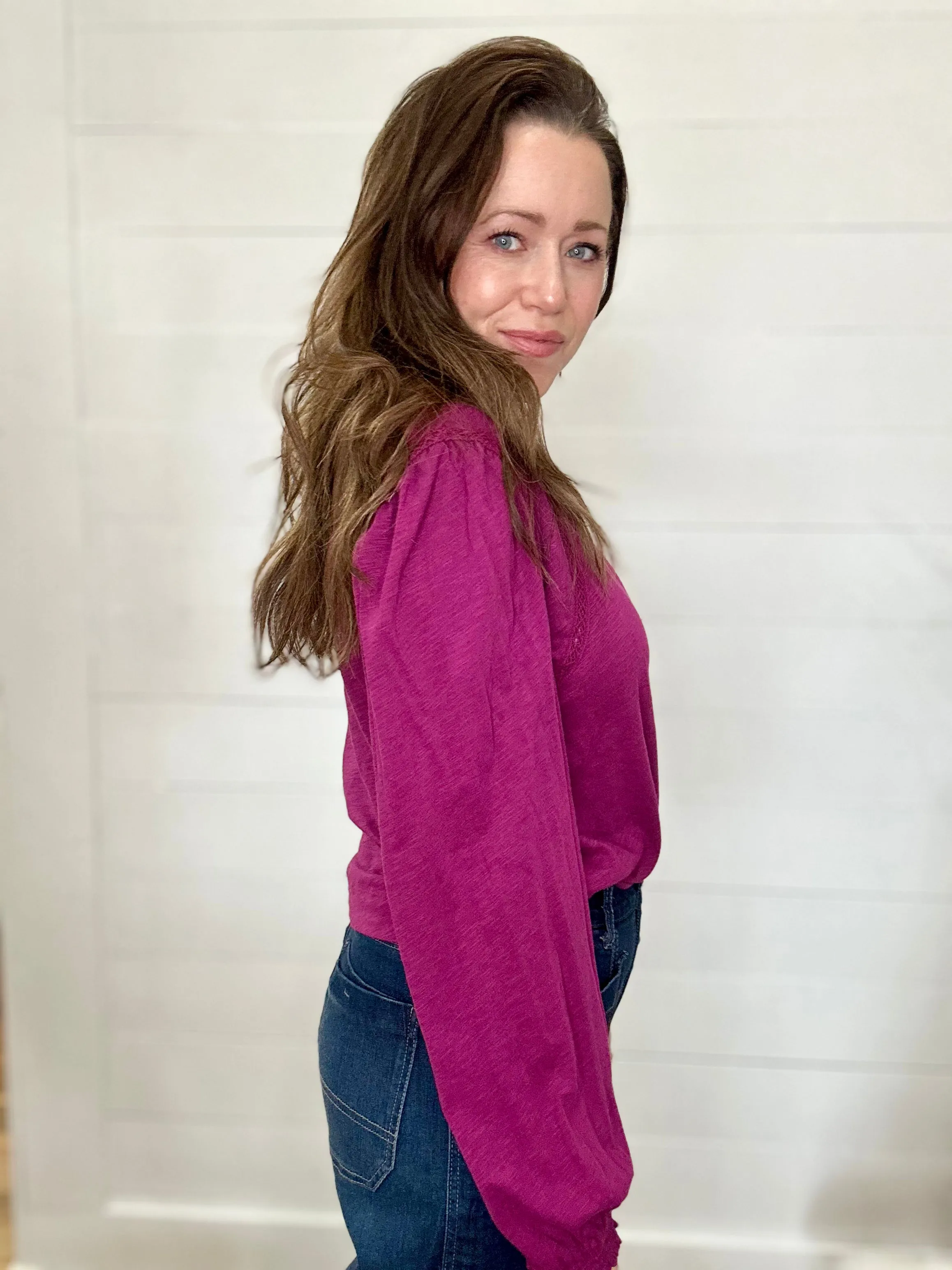 Lace-Detail Long-Sleeve Top in Berry